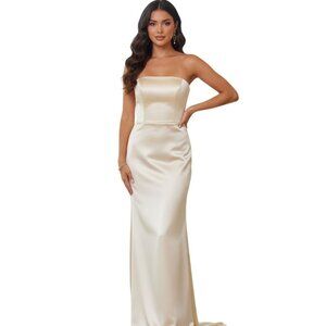 Bill Levkoff Strapless Champagne Satin Evening Gown 4 Column Wedding Black Tie